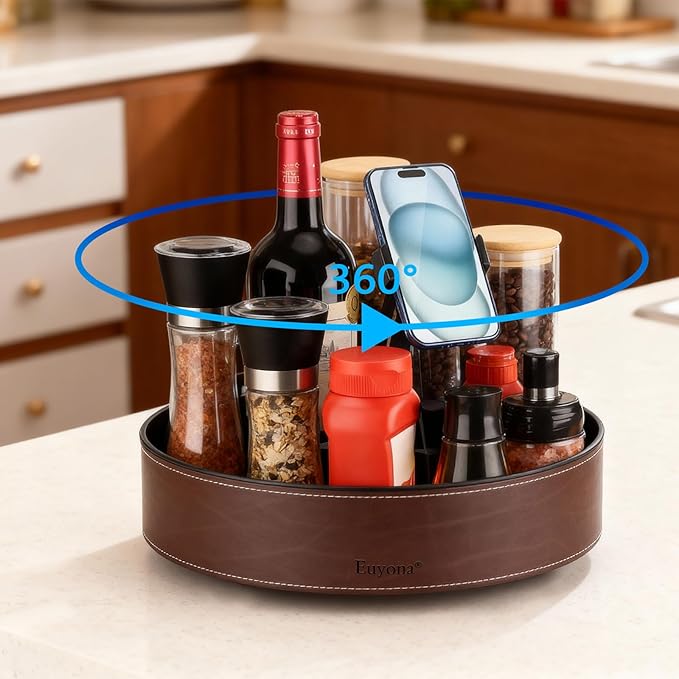 11.4 Inch Lazy Susan Turntable Organizer - 6 Removable Compartments with Phone Holder, 360° Rotating for Cabinet/Counter/Table. Spacious Storage for Food, Spices, Cosmetics & More.(Brown)