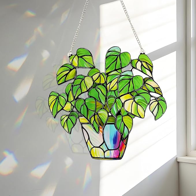 Stained Glass Plant Suncatcher Window Hanging, Marzovitra 10 Inch Real Glass Potted Green Leaves Sun Catcher with Chain Botanical Sun Catcher Window Decor for Home Garden, Plant Lover Gift