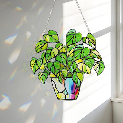 Stained Glass Plant Suncatcher Window Hanging, Marzovitra 10 Inch Real Glass Potted Green Leaves Sun Catcher with Chain Botanical Sun Catcher Window Decor for Home Garden, Plant Lover Gift