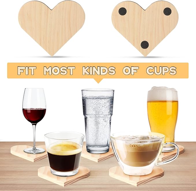 12 Pieces Unfinished Wood Coasters, GOH DODD 4 Inch Wooden Blanks with Non-Slip Pads for Laser Engraving Wood Burning Staining Painting Decoupage Housewarming Gifts Wedding Crafts Education, Heart