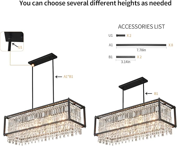 LMQNINE Modern Rectangle Chandelier for Dining Room, Black Crystal Chandelier Linear Light Fixture, Farmhouse Chandeliers for Kitchen Island, Bar Table, L35.43'' x W11.81'' x H9.84''