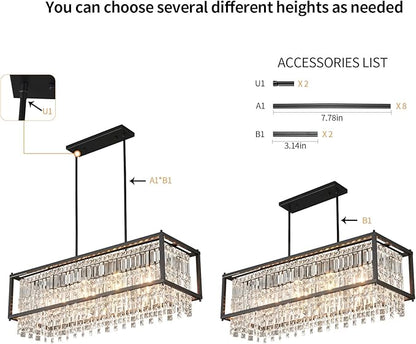 LMQNINE Modern Rectangle Chandelier for Dining Room, Black Crystal Chandelier Linear Light Fixture, Farmhouse Chandeliers for Kitchen Island, Bar Table, L35.43'' x W11.81'' x H9.84''