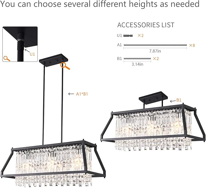 LMQNINE Chandeliers for Dining Room, 3-Light Trapezoidal Industrial Dining Room Light Fixture Farmhouse Chandelier Crystal Pendant Lights Kitchen Island Living Room (Black 30.7 inch)