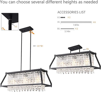 LMQNINE Chandeliers for Dining Room, 3-Light Trapezoidal Industrial Dining Room Light Fixture Farmhouse Chandelier Crystal Pendant Lights Kitchen Island Living Room (Black 30.7 inch)