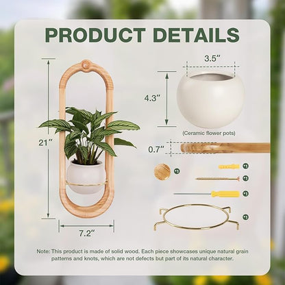Wooden Wall Planters for Indoor with Ceramic Pot - Modern Hanging Plant stand Shelf for Indoor Plants, Wall Mounted Plant Holder for Living Room, Bedroom, Wall Decor - Raw Wood Color (Set of 2)