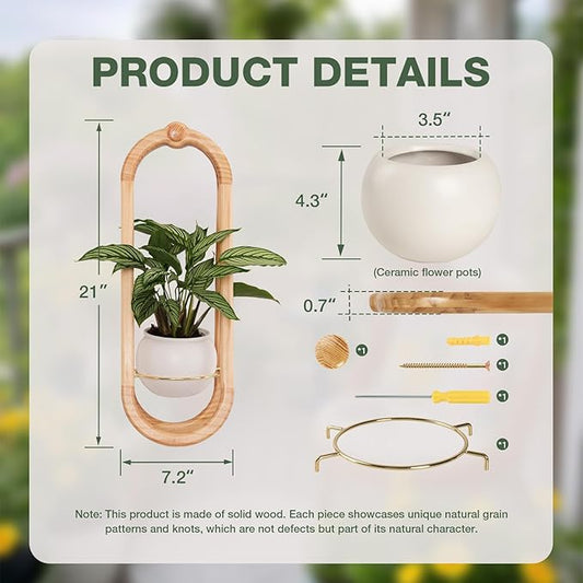 Wooden Wall Planters for Indoor with Ceramic Pot - Modern Hanging Plant stand Shelf for Indoor Plants, Wall Mounted Plant Holder for Living Room, Bedroom, Wall Decor - Raw Wood Color (Set of 2)