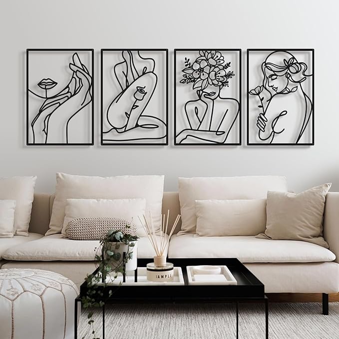 Bakovity Black Metal Wall Art, Abstract Flower Line Sculpture, Black Minimalist Modern Wall Decor for Living Room, Bedroom, Bathroom (4 Pieces, 22.5x15.7 Inches)