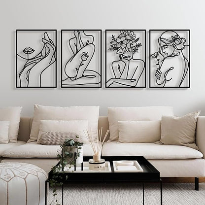 Bakovity Black Metal Wall Art, Abstract Flower Line Sculpture, Black Minimalist Modern Wall Decor for Living Room, Bedroom, Bathroom (4 Pieces, 22.5x15.7 Inches)