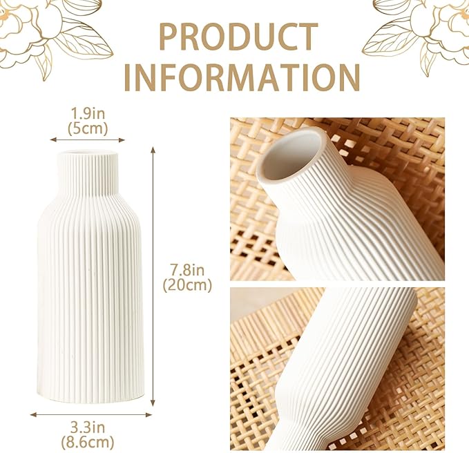 Bohemian White Ceramic Vase - for Pampas Grass, Mantel, Bookshelf, Entryway and Living Room Decor (White, 8in)