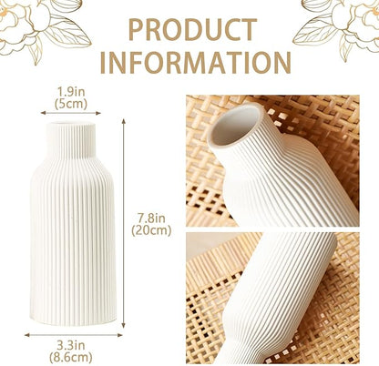 Bohemian White Ceramic Vase - for Pampas Grass, Mantel, Bookshelf, Entryway and Living Room Decor (White, 8in)