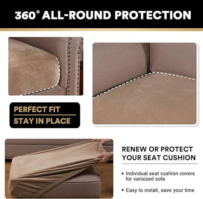 PrinceDeco Stretch Velvet Couch Cushion Cover,Soft Cushion Slipcover for Chair Cushion Furniture Protector Seat Cushion Sofa Cover Width Up to 29.5", Camel
