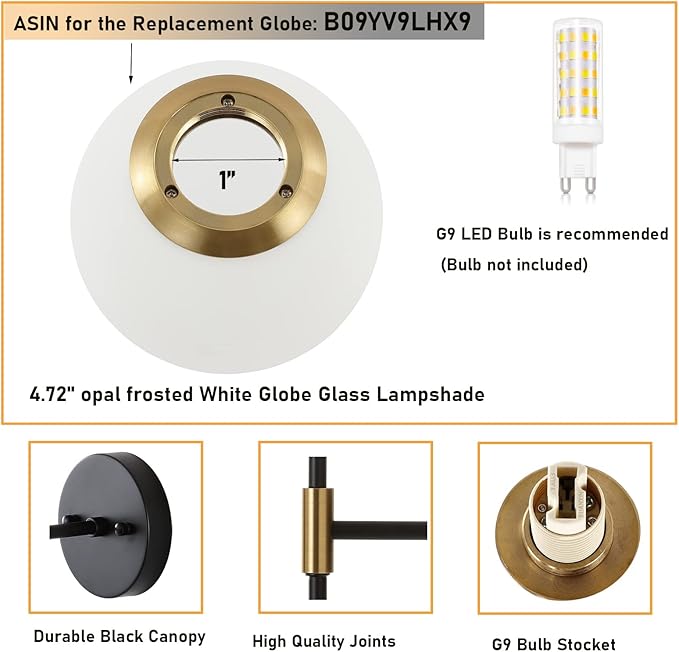 Industrial Mid Century Wall Sconce Set of 2 with White Globe Glass Shades Modern Bathroom Vanity Wall Lamp Black and Gold Finished Wall Light Fixture