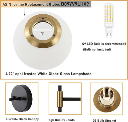 Industrial Mid Century Wall Sconce Set of 2 with White Globe Glass Shades Modern Bathroom Vanity Wall Lamp Black and Gold Finished Wall Light Fixture