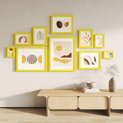 KINLINK 12x16 Picture Frame Yellow, Solid Wood Frames with Acrylic Plexiglass for Pictures 11x14/9x12 with Mat or 12x16 without Mat,Wall Display Photo Frame, Set of 4