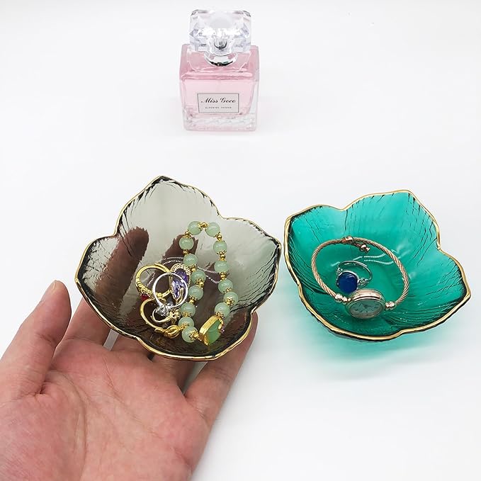 Flower Small Ring Dish Jewelry Tray, Glass Jewelry Dish for Women, Nightstand Decor Jewelry Plate Trinket Dish, Bathroom Jewelry Holder Dish, Jewelry Bowl for Rings, Earrings, Key Dish Gifts