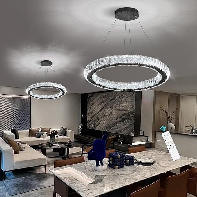 Crystal Ring Chandelier Black Modern LED Pendant Lights for Dining Room Remote Dimmable Hanging Light Kitchen Island Entrance Bedroom Lighting Chandeliers