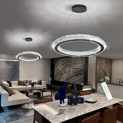 Crystal Ring Chandelier Black Modern LED Pendant Lights for Dining Room Remote Dimmable Hanging Light Kitchen Island Entrance Bedroom Lighting Chandeliers
