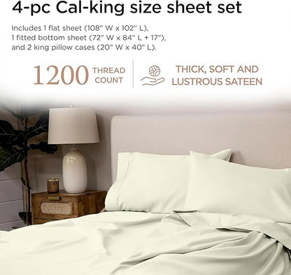 Threadmill 100% Supima Cotton Sheets, 1200 Thread Count Cotton for Cal King Size Bed, 4 Pc Ivory Cal King Bed Sheets Set, 5-Star Hotel Quality with Elasticized Deep Pocket King Sheets