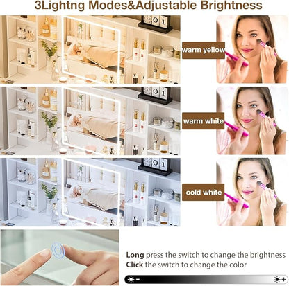 Large Makeup Vanity Desk with Lighted Mirror & Power Outlet,Dresser Table with 3 Lighting Modes Brightness Adjustable,Drawers,Shelves,Hair Dryer Stand for Bedroom,White (No Stool)