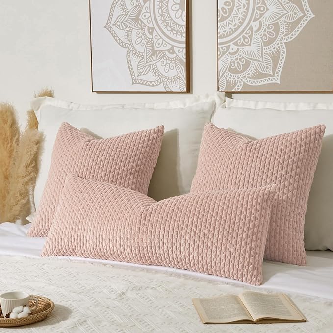 Kevin Textile Valentines Day 20x54 Inch Long Body Lumbar 1 Pack Boho Decorative Throw Pillow Cover Soft Striped Corduroy Rectangle Cushion Case Accent for Living Room Couch Sofa Bed, Light Pink