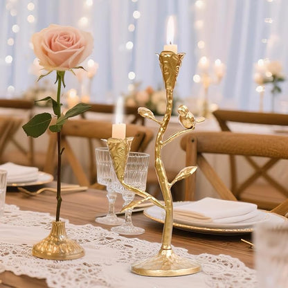 Gold Candelabra with Flowers and Bird for Farmhouse Decor, Vintage Metal Candlestick Holders for Dinner Room Table Centerpiece Decorative, Iron Candle Holder for Mantel Wedding Party Decor