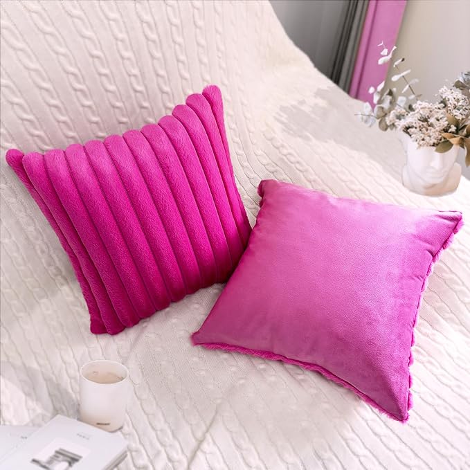2 Pack 22x22 Pillow Cover Velvet Pillow Covers, Faux Fur Square Throw Pillow Covers for Living Room Decorations Throw Pillow Case, Throw Pillow Cover Cushion Cover for Home Sofa Bedroom Car, Hot Pink