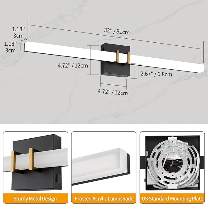 Modern Black and Brass Vanity Light Bar 32 Inch, 24W 5CCT Dimmable Bathroom Light Fixtures LED Wall Lighting Fixture