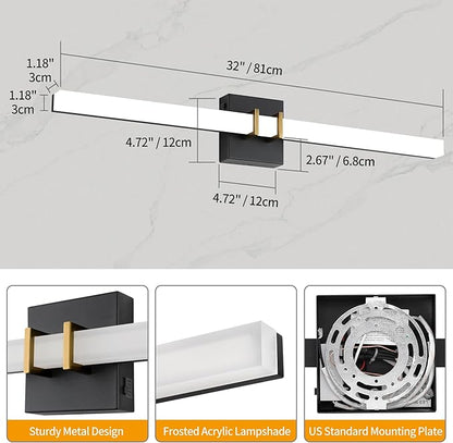 Modern Black and Brass Vanity Light Bar 32 Inch, 24W 5CCT Dimmable Bathroom Light Fixtures LED Wall Lighting Fixture
