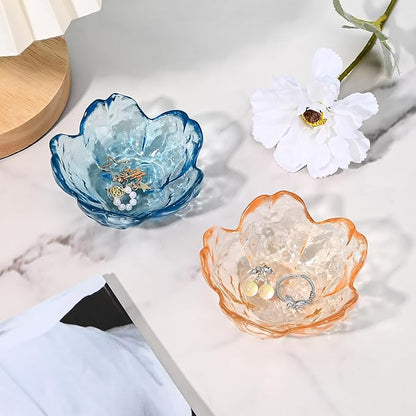 Koythin 2-Piece Glass Jewelry Tray, Mini Ring Dish for Necklace Earring Bracelet, Cute Trinket Tray for Engagement Vanity Bathroom, Crystal Floral Aesthetic Key Bowl for Women Girl Mom (Amber)