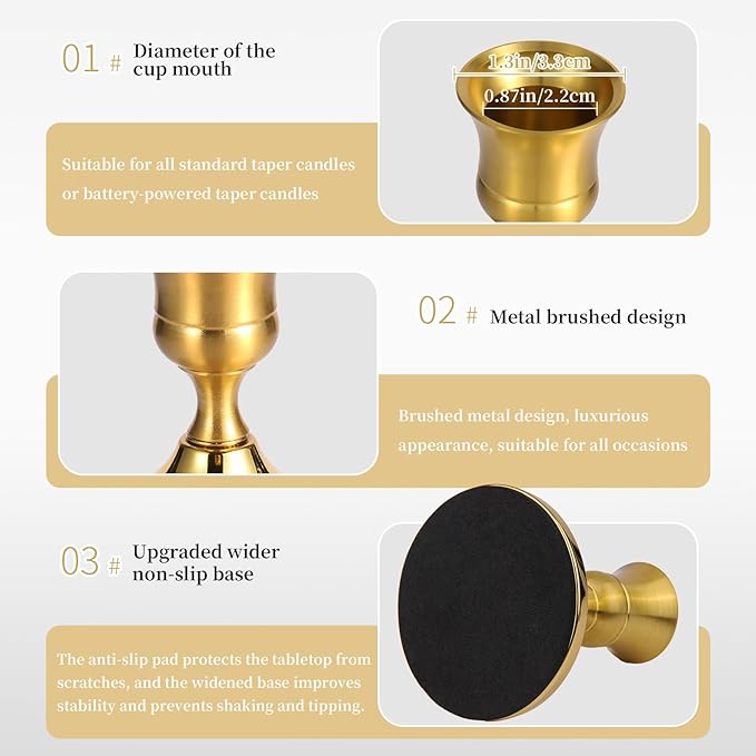 4 Pcs Brass Gold Taper Candle Holders, Vintage Metal Candlestick Holders Set for Dining Table, Wedding & Party Centerpiece Decor, Fits Standard Taper Candles, Mantel & Home Decorations