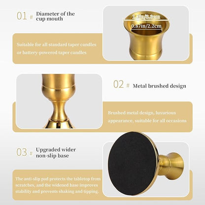 3 Pcs Brass Gold Taper Candle Holders, Vintage Metal Candlestick Holders Set for Dining Table, Wedding & Party Centerpiece Decor, Fits Standard Taper Candles, Mantel & Home Decorations