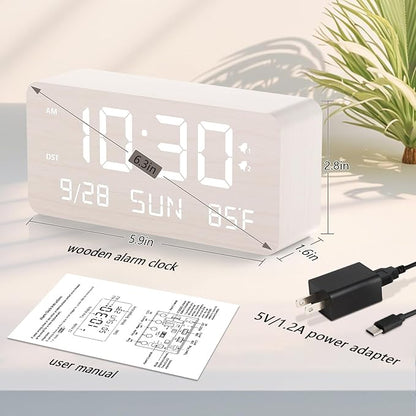 Wooden Digital Alarm Clock for Bedroom - Desk Clock with Date, Day of Week, Temperature, Dual Alarms, Dimmer, USB Port Charge, DST, Adjustable Volume for Living Room/Office Wood Decor (White)