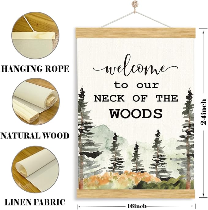 YGSDZY Forest Canvas Poster, Welcome to Our Neck of the Woods Poster, Decorative Canvas Posters for Front Door Porch, Door Hanger, Outdoors Lover Decoration for Home Cottage, 11.8 * 15.7