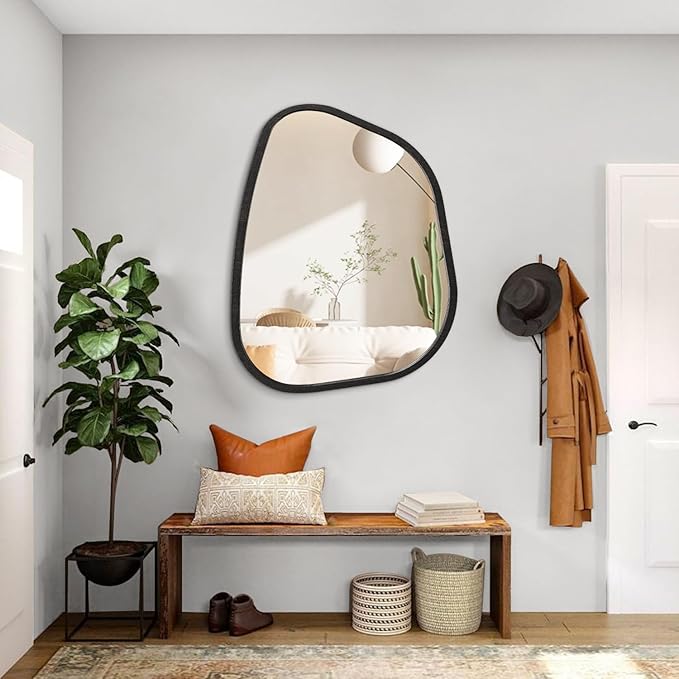 Irregular Wall Mirror Modern Oval Asymmetrical Wooden Framed Unique Hanging Mirror Artistic Wavy Mirror Decor Bathroom Vanity Bedroom Living Room Entryway Hallway 26"x18"