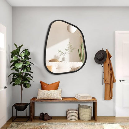 Irregular Wall Mirror Modern Oval Asymmetrical Wooden Framed Unique Hanging Mirror Artistic Wavy Mirror Decor Bathroom Vanity Bedroom Living Room Entryway Hallway 26"x18"