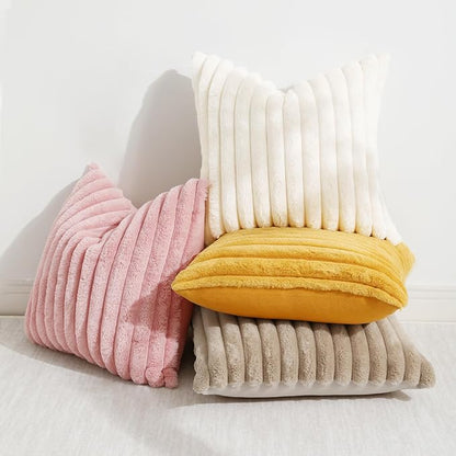 decorUhome Faux Fur Spring Throw Pillow Covers 18x18 Set of 2, Decorative Soft Plush Striped Neutral Couch Pillow Covers with Velvet Back for Sofa, Bed, Living Room Home, Pink