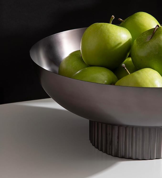 Kate and Laurel Rooks Ribbed Decorative Metal Bowl, 12 Inch Diameter, Gray Gunmetal, Modern Raised Fruit Bowl for Kitchen Counter or Use as a Key Bowl for an Entryway Table