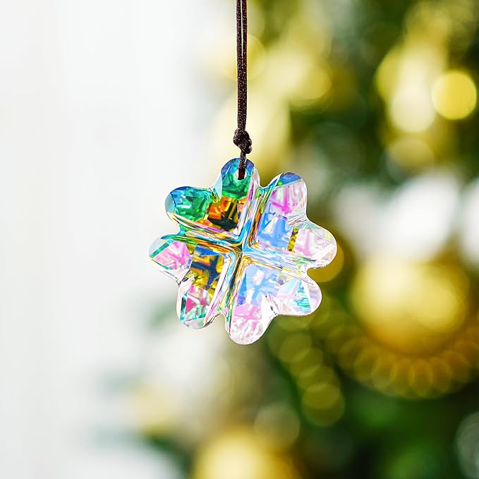 H&D HYALINE & DORA 45mm Hanging Crystal Four Leaf Clover Chandelier Prism Pendant Suncatcher for Window, Fengshui Hanging Ornament, Rainbow Maker