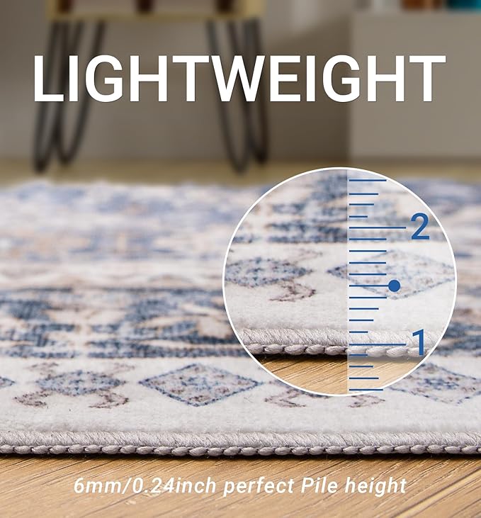 zesthome 8ft Round Rugs for Living Room, Non-Slip Washable Round Area Rugs, Ultra-Thin Large Circle Rugs, Soft Low Pile Rug for Bedroom, Kitchen - Vintage Stain Resistant Round Rug (Blue/Beige,8'x8')