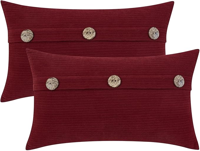 HWY 50 Burgundy Red Chenille Throw Pillow Covers 12x20 Inch with Triple Buttons, Soft Farmhouse Accent Decorative Cushion Cases for Couch Sofa Living Room Pack of 2 Rectangle