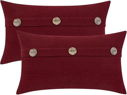 HWY 50 Burgundy Red Chenille Throw Pillow Covers 12x20 Inch with Triple Buttons, Soft Farmhouse Accent Decorative Cushion Cases for Couch Sofa Living Room Pack of 2 Rectangle
