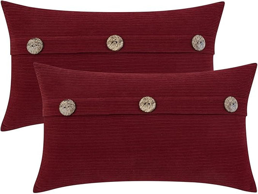 HWY 50 Burgundy Red Chenille Throw Pillow Covers 12x20 Inch with Triple Buttons, Soft Farmhouse Accent Decorative Cushion Cases for Couch Sofa Living Room Pack of 2 Rectangle