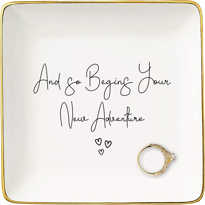 and So Begin Your New Adventure-Funny Wedding or Engagement Gift for Bride-Bride to Be-Newlyweds Newly Engaged Present-Bridal Shower Gifts-Hen Night Bachelorette Party Present-Jewelry Tray Ring Dish