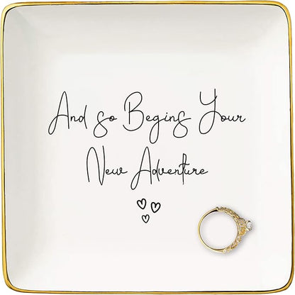 and So Begin Your New Adventure-Funny Wedding or Engagement Gift for Bride-Bride to Be-Newlyweds Newly Engaged Present-Bridal Shower Gifts-Hen Night Bachelorette Party Present-Jewelry Tray Ring Dish