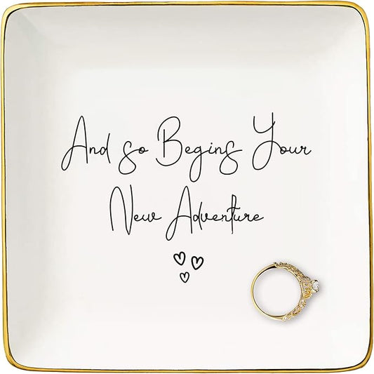 and So Begin Your New Adventure-Funny Wedding or Engagement Gift for Bride-Bride to Be-Newlyweds Newly Engaged Present-Bridal Shower Gifts-Hen Night Bachelorette Party Present-Jewelry Tray Ring Dish