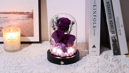 Flowers Gifts for Women, Preserved Roses in Glass Dome, Forever Flowers for Delivery Mothers Day Birthday Gifts for Mom Wife Girlfriend on Valentines Day Anniversary Christmas Purple