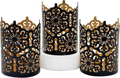 Hosley Set of 3 Black Finish Metal Candle Holders 4 Inch High Lattice Cut Lanterns for Coordinated Elegance and Enchanting Illumination Elevate Your Decor