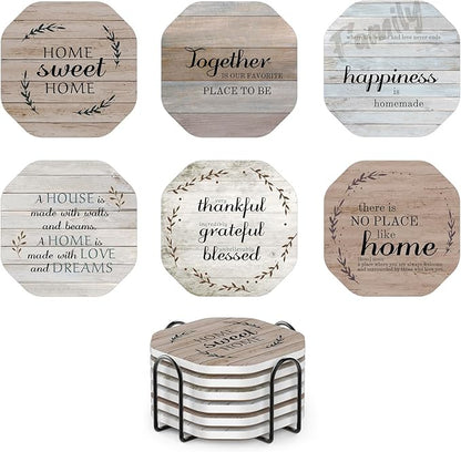 UMIRRO Rustic Farmhouse Coasters for Coffee Table Decor, Ceramic Coaster Set with Holder for Wooden Table, Cute Cup Coasters for Drinks Absorbent, Housewarming Gifts for New House/Home, 4", 6 Pack