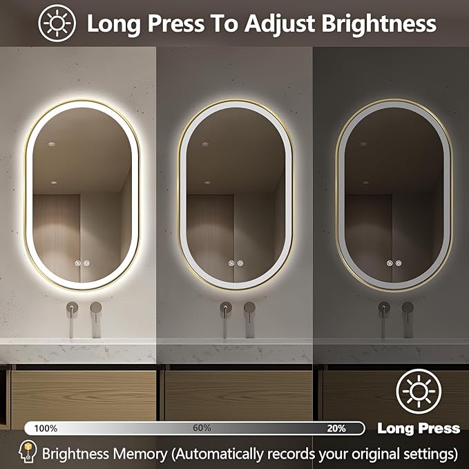 Niccy Oval LED Mirror for Bathroom, 40x24 Front Lit + Backlit Vanity Mirrors with Light Anti-Fog, Shatter-Proof, 3 Colors, Makeup Mirror with Old Gold Frame (Horizontal/Vertical)