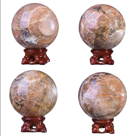 moonsix Natural Orange Moonstone Crystal Sphere with Resin Stand Healing Energy Stone Decorative Ball Sculpture for Home Office Tabletop, 71-80 mm